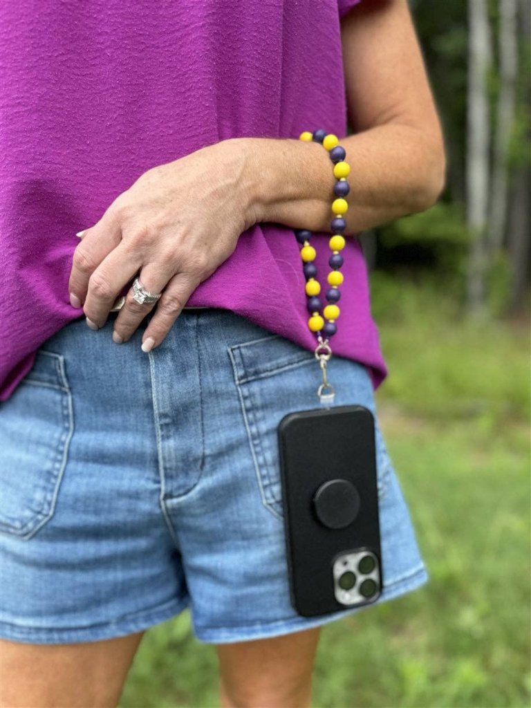 Phone Holder Blue and White Wood Beaded Phone Wristlet, Great for Gameday!